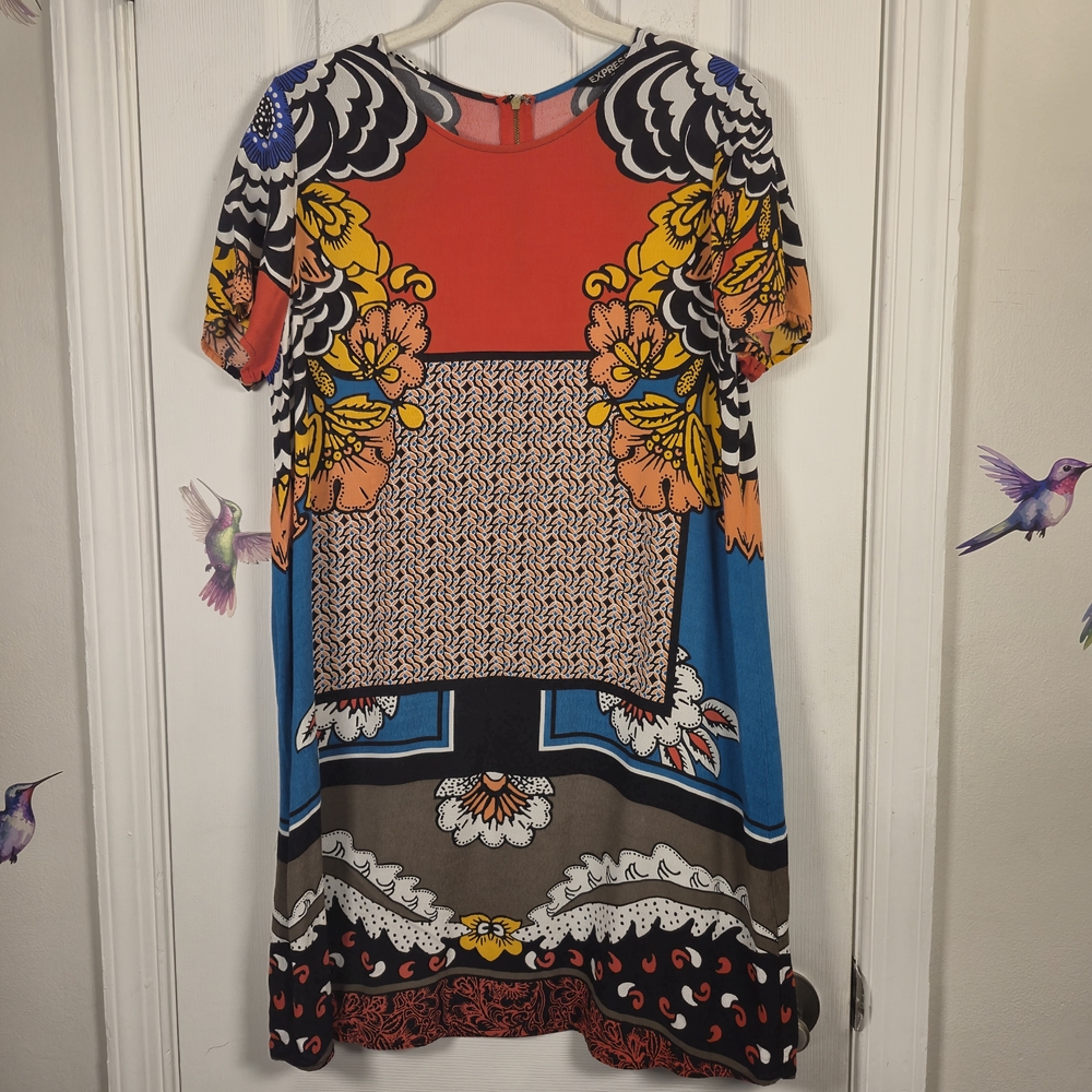 Express Multi-Print Scandi Floral Patchwork Shift Dress Size M Boho Hippie Chic